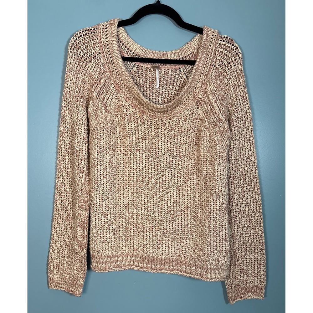 Free‎ People Textured Knit Open Weave Cardigan Sweater Beige Tan Marled Size M